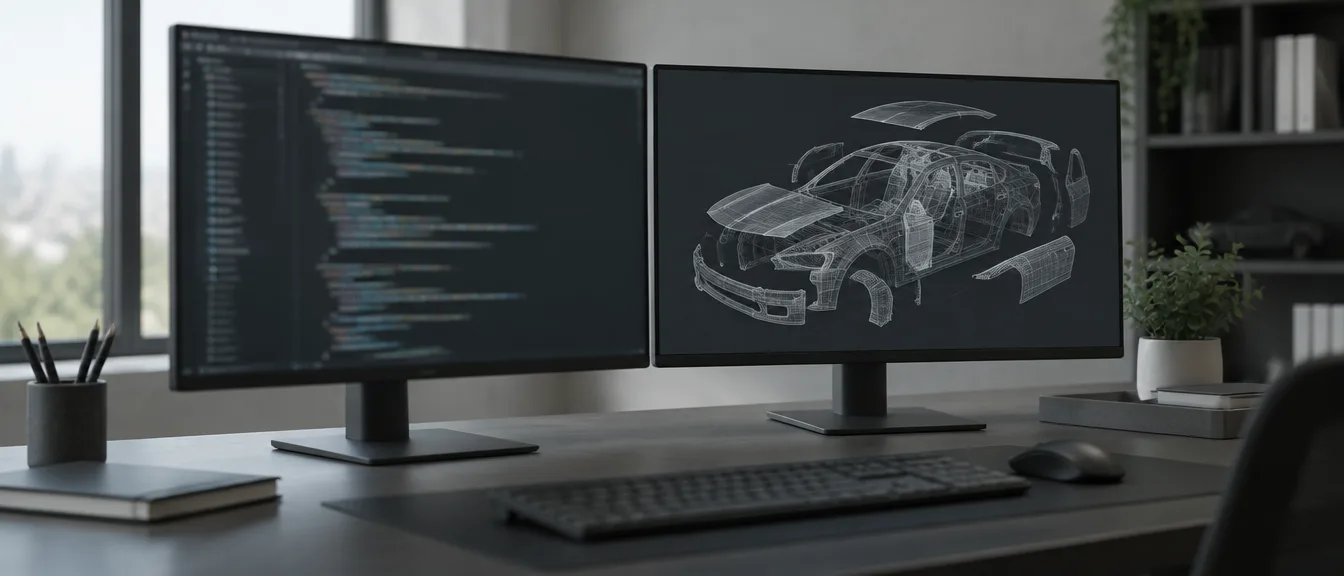 Entwicklungsarbeitsplatz mit Quellcode und 3D-Modell